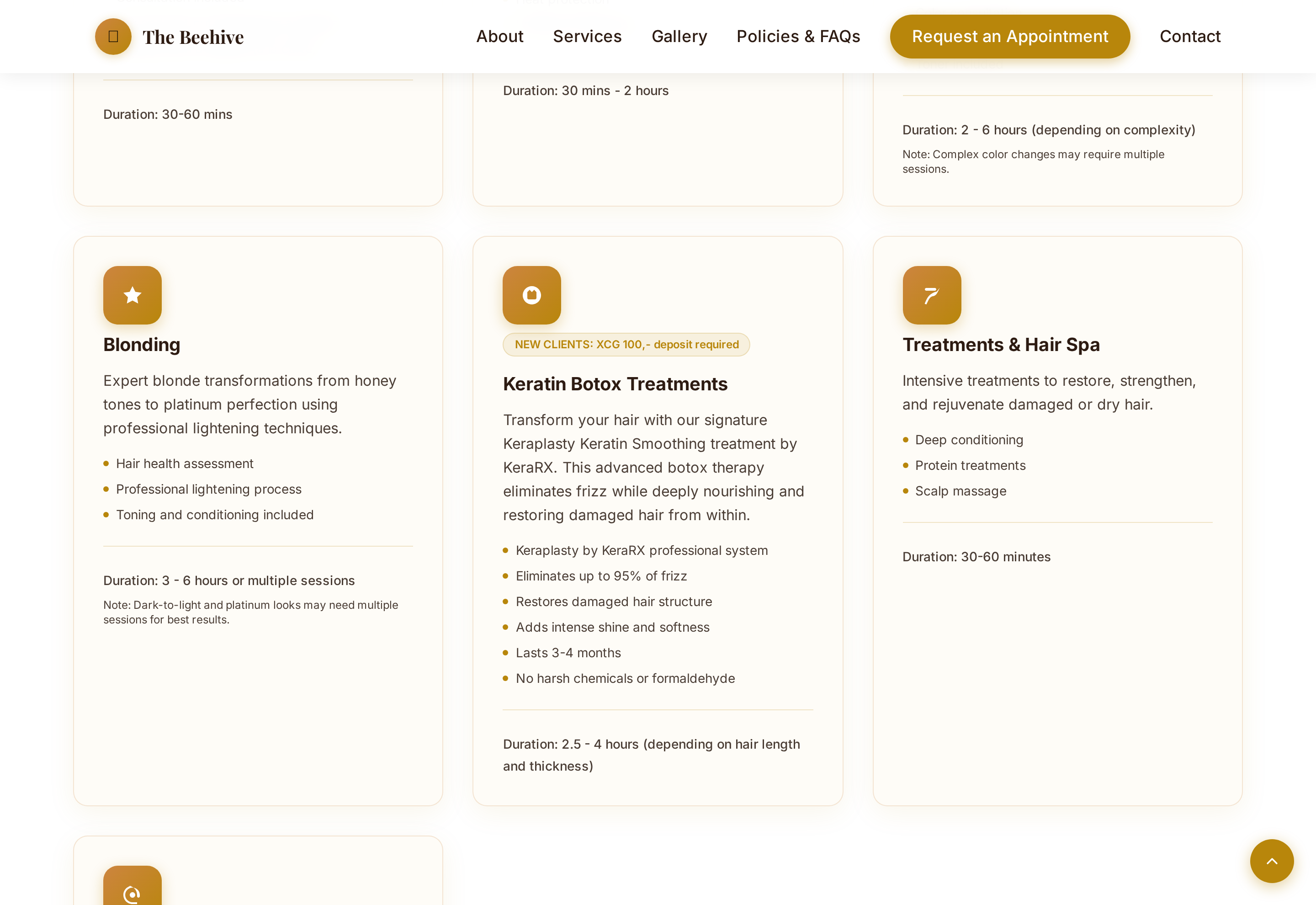 The Beehive Curaçao services section with cards for blonding, Keratin Botox and hair spa treatments