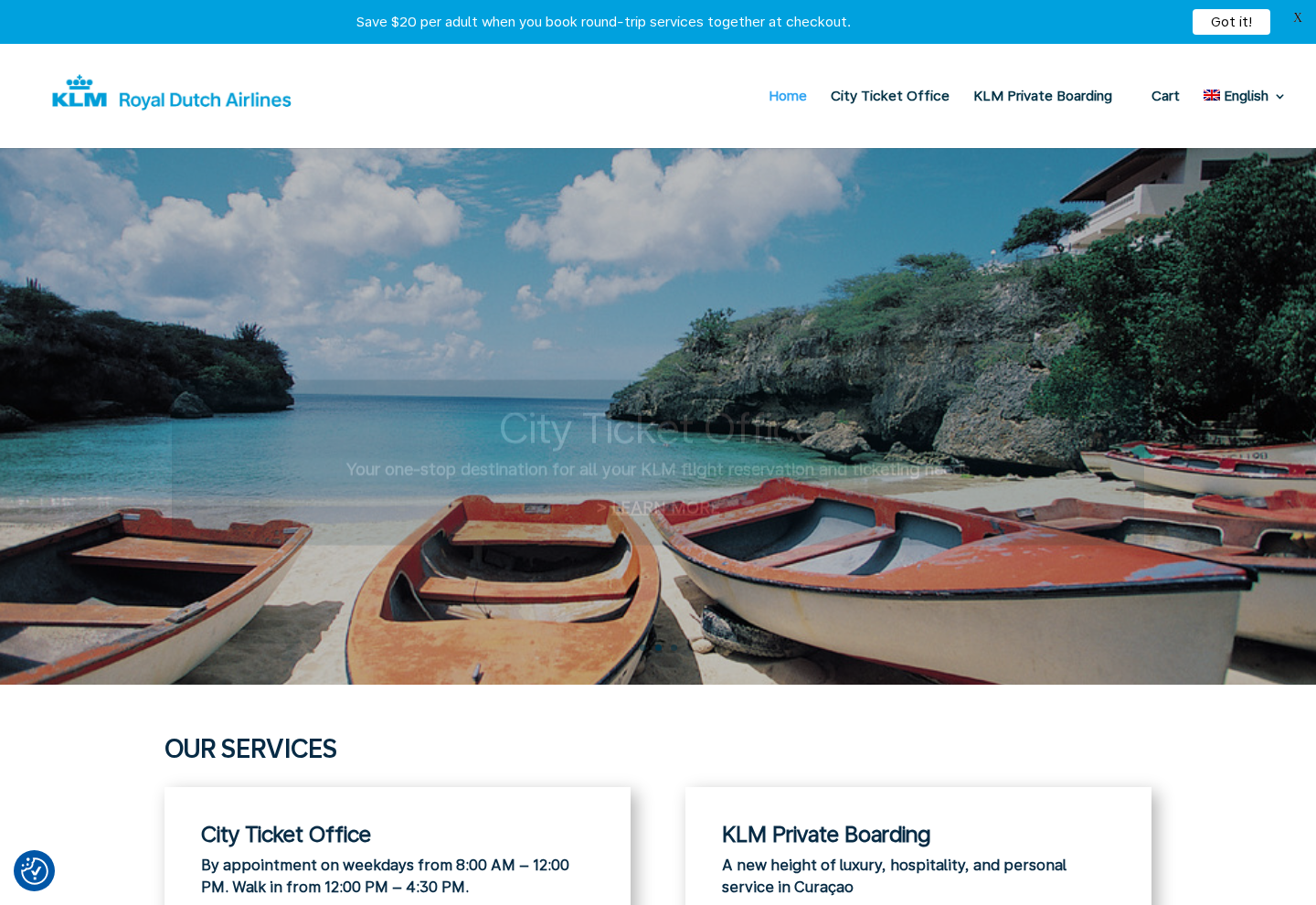 KLM Curaçao homepage with entry points to the City Ticket Office and KLM Private Boarding