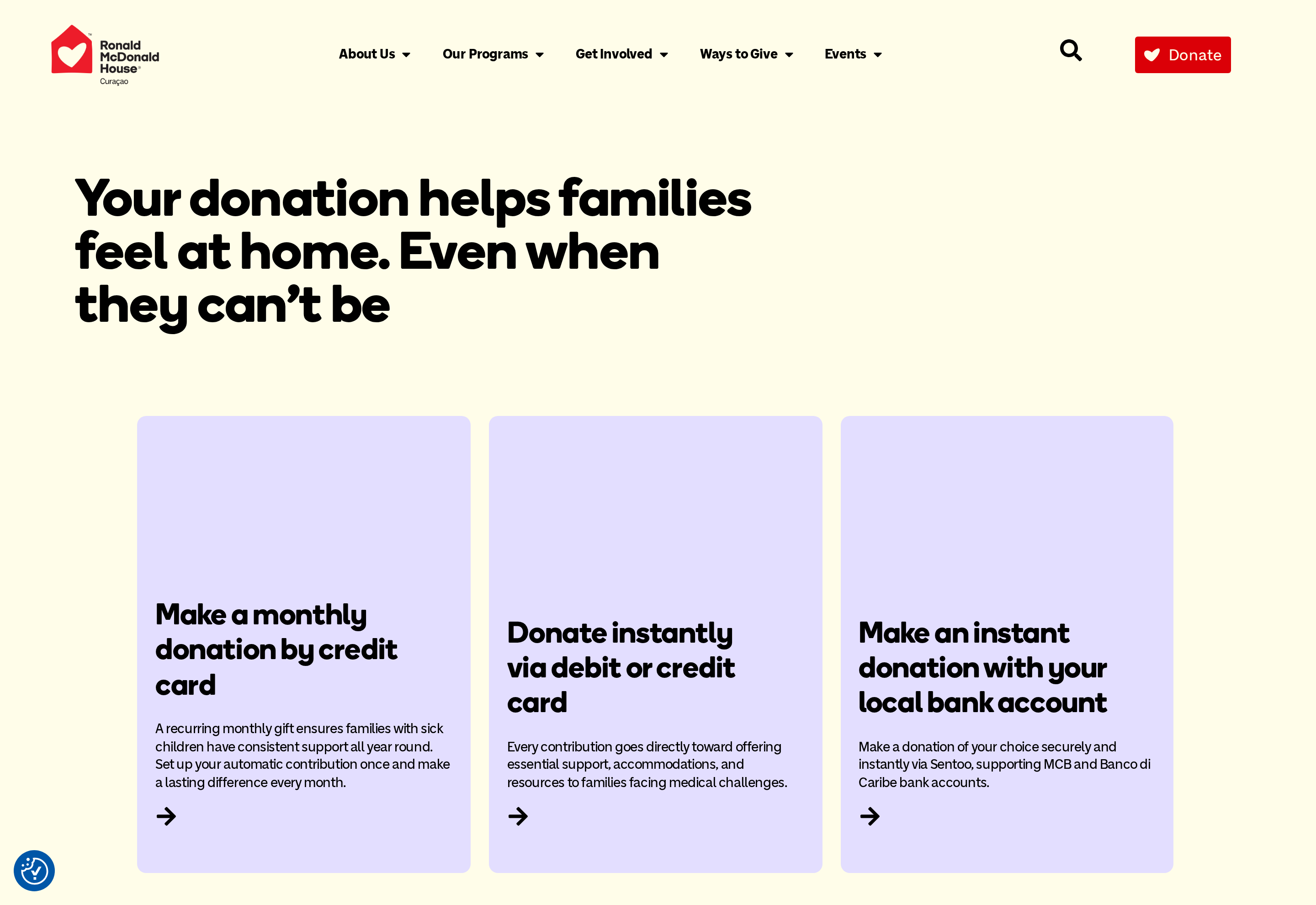 Ronald McDonald House Curaçao donate page with monthly, card and local bank donation routes