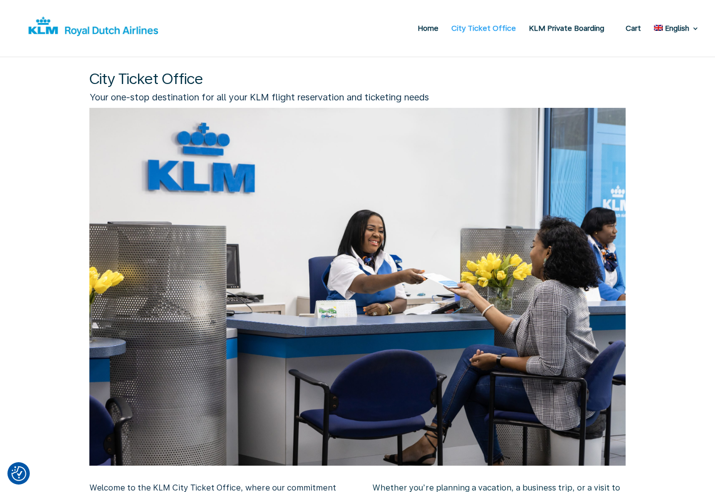 KLM Curaçao City Ticket Office page with online appointment scheduling