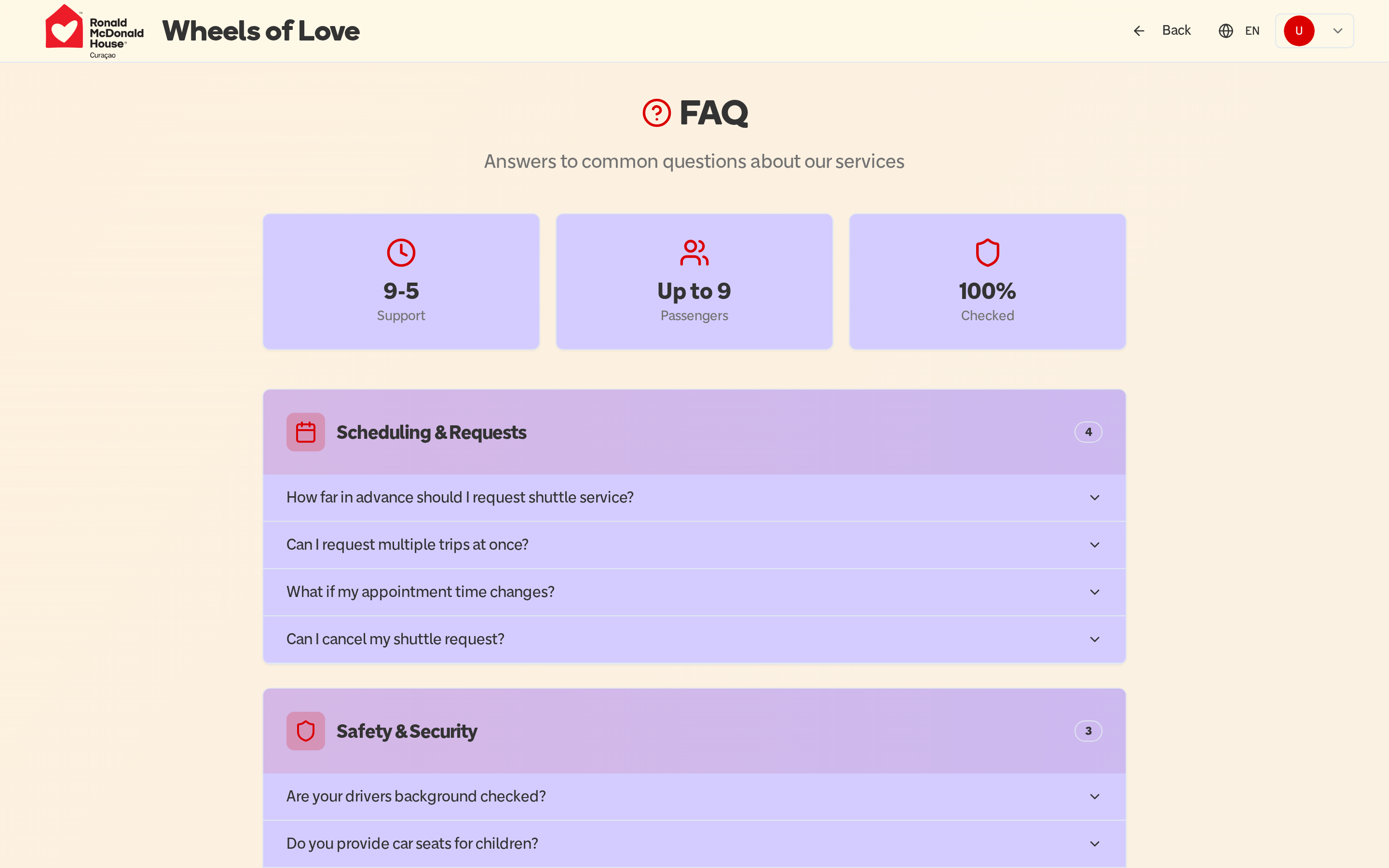 Wheels of Love FAQ page with grouped questions on scheduling, safety, service and support